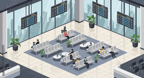 Modern Airport Waiting Lounge Isometric View with Travelers and Departure Boards