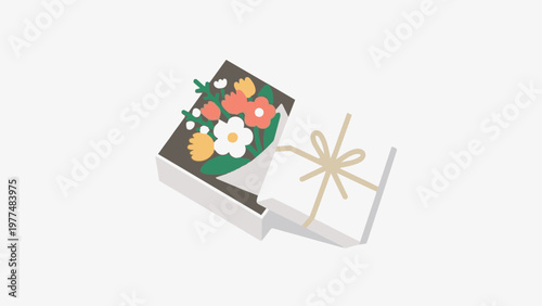A simple bouquet and a gift box illust. A spacious layout. Plenty of white space. Minimalist design. Present. Gift. Chic