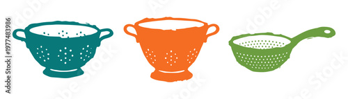 Set of three colorful kitchen colander silhouettes including teal orange and green pasta strainers on background