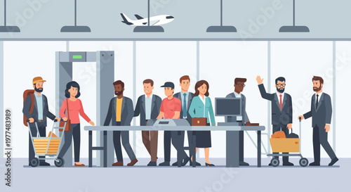 Airport security check, diverse travelers queuing at x-ray scanner and check-in counter