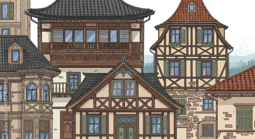 Charming Medieval European Village Architecture with Half-Timbered Houses and Ornate Details