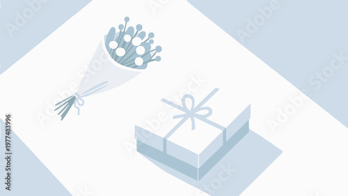 A simple bouquet and a gift box illust. A spacious layout. Plenty of white space. Minimalist design. Present. Gift. Chic