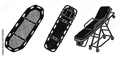 Set of three medical stretchers and gurney for patient transport, emergency rescue equipment