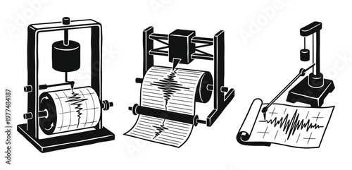 Set of three seismographs recording seismic activity, earthquake detection instruments with charts