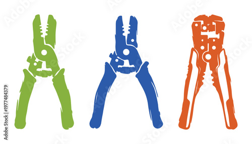 Set of three wire stripper tools in green blue and orange on a transparent background