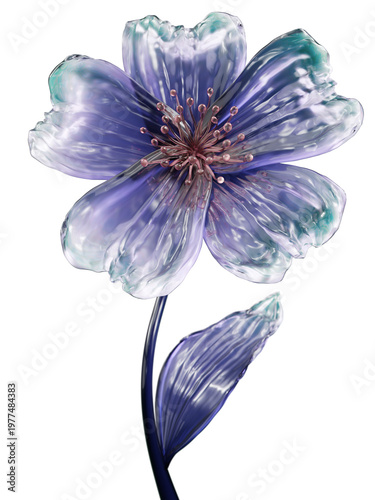 Translucent Purple Glass Flower With Stem and Leaf Abstract Botanical Sculpture On White