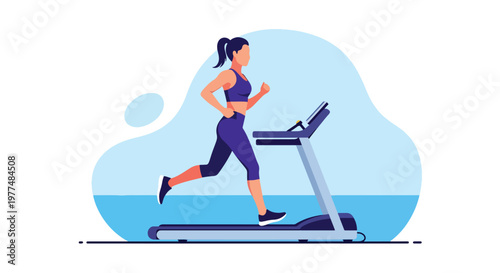 Flat style vector illustration of athletic woman running on treadmill, healthy lifestyle workout concept isolated on clean background for training and wellness