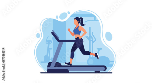 Flat style vector illustration of athletic woman running on treadmill, healthy lifestyle workout concept isolated on clean background for training and wellness