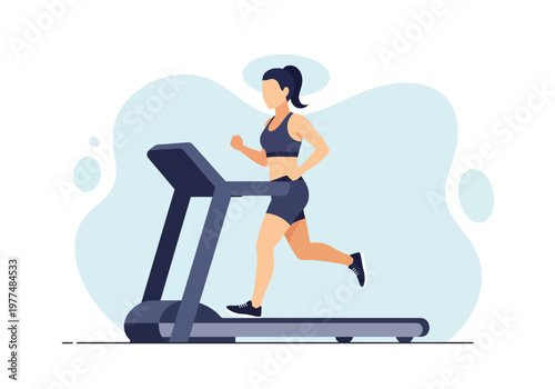 Flat style vector illustration of athletic woman running on treadmill, healthy lifestyle workout concept isolated on clean background for training and wellness