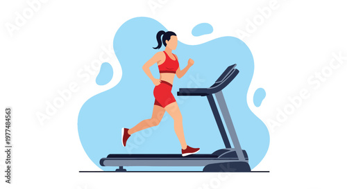 Flat style vector illustration of athletic woman running on treadmill, healthy lifestyle workout concept isolated on clean background for training and wellness