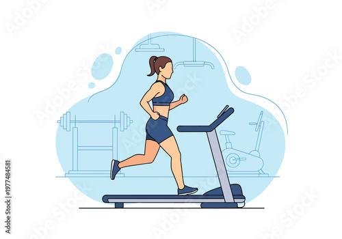Flat style vector illustration of athletic woman running on treadmill, healthy lifestyle workout concept isolated on clean background for training and wellness