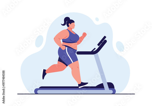 Flat style vector illustration of plus size woman running on treadmill, body positivity and inclusive fitness concept, healthy lifestyle workout in simple abstract background for wellness and training