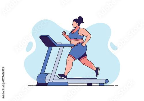 Flat style vector illustration of plus size woman running on treadmill, body positivity and inclusive fitness concept, healthy lifestyle workout in simple abstract background for wellness and training