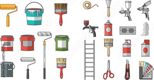 House Painting Tools Vector Set with Rollers Brushes Spray Gun Paint Cans Ladder and Renovation Equipment Illustration