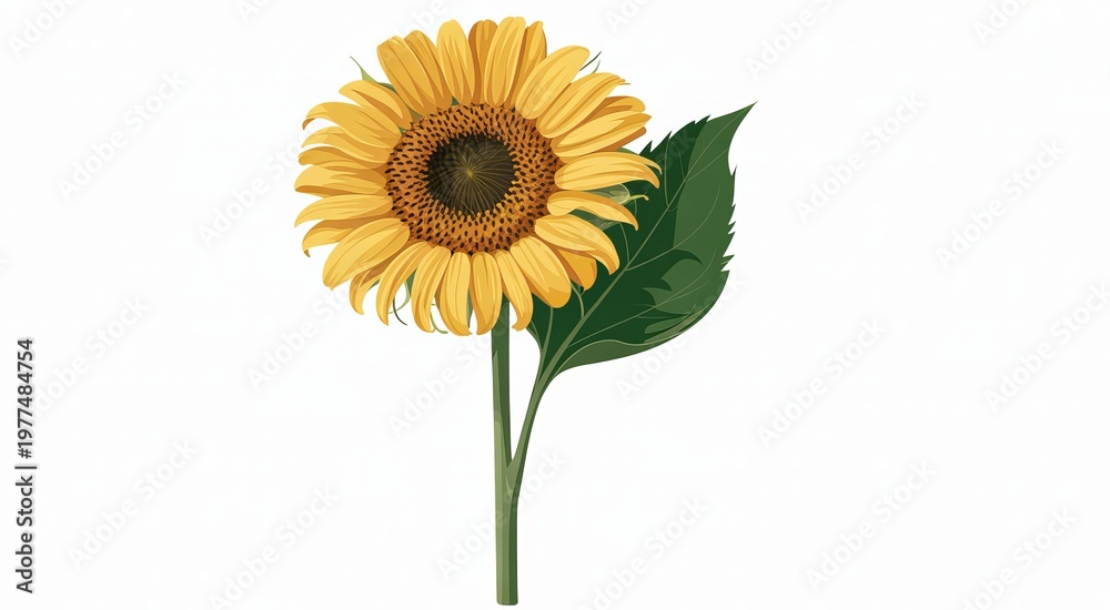 Fototapeta premium Single yellow sunflower with green leaf and stem on white background bloom blossom