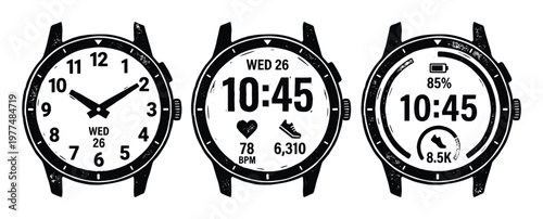 Smart watch displaying time, date, heart rate, steps and battery life for fitness tracking