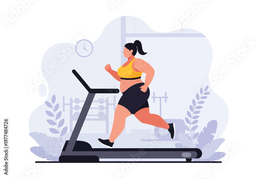 Flat style vector illustration of plus size woman running on treadmill, body positivity and inclusive fitness concept, healthy lifestyle workout in simple abstract background for wellness and training