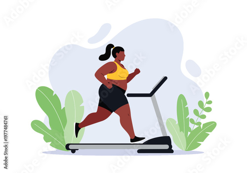 Flat style vector illustration of plus size woman running on treadmill, body positivity and inclusive fitness concept, healthy lifestyle workout in simple abstract background for wellness and training