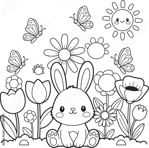 Cute cartoon bunny surrounded by flowers and butterflies vector illustration with coloring page