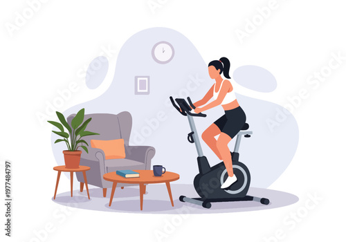 Flat style vector illustration of woman cycling on stationary exercise bike in indoor fitness space, home workout concept with healthy lifestyle training and cardio activity