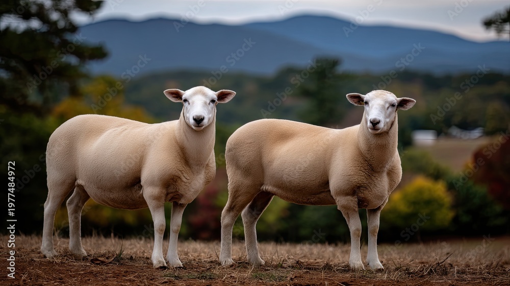Obraz premium Two sheep pose for the camera at sunset in the mountains with colorful skies and a beautiful landscape behind them