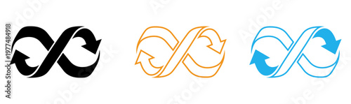 Title recycling symbol variations orange and blue loops representing sustainability description the image showcases three variations of the recycling symbol utilizing orange