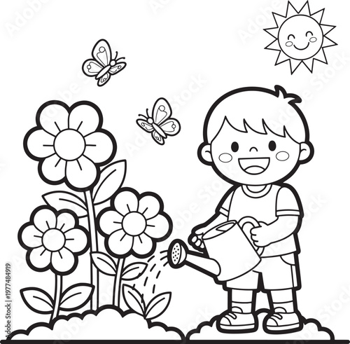 Cute cartoon boy watering flowers in garden vector illustration with coloring page, line art