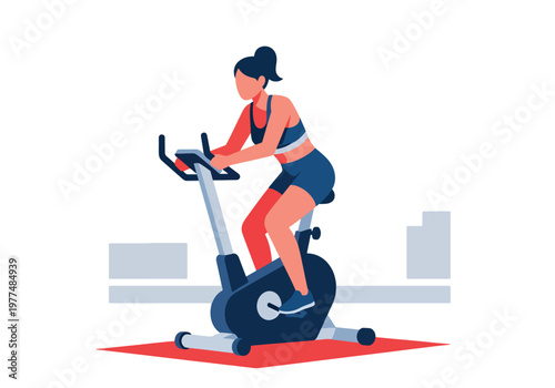 Flat style vector illustration of woman cycling on stationary exercise bike in indoor fitness space, home workout concept with healthy lifestyle training and cardio activity