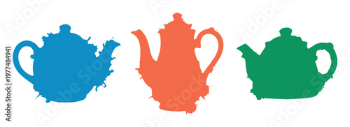 Stylized silhouettes of teapots in blue orange and green colors