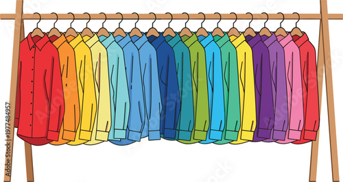 Colorful Collection of Shirts in Rainbow Colors Hanging on a Wooden Rack in Vector Illustration