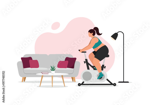 Flat style vector illustration of plus size woman riding stationary bike, inclusive fitness and healthy lifestyle concept with indoor workout routine and minimal modern background