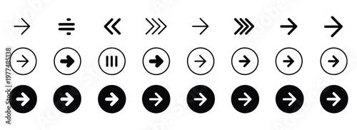 Collection of arrow icons in circles and lines for navigation and direction