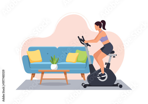 Flat style vector illustration of woman cycling on stationary exercise bike in indoor fitness space, home workout concept with healthy lifestyle training and cardio activity