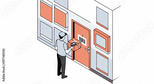 Isometric Courier Scanning Barcode on House Door for Package Delivery, Last-Mile Logistics and E-commerce Shipping Concept