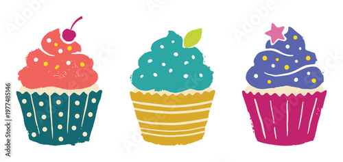 Sweet cupcake illustrations with colorful frosting and sprinkles for dessert shop branding and cafe posters