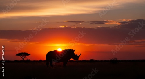 Silhouette of a rhinoceros against a vibrant African sunset with acacia trees.