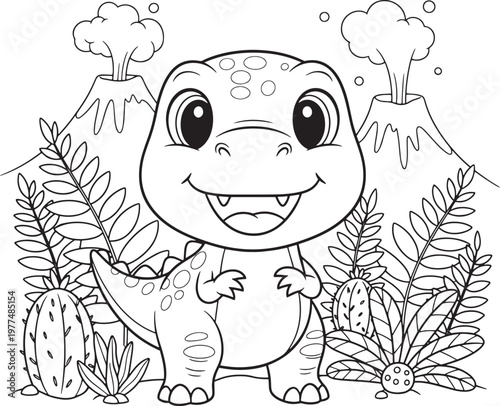 Cute cartoon dinosaur with volcanoes and plants vector illustration coloring page line art