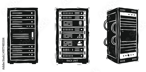 Three black and white drawings of server racks and computer cabinets used in data centers