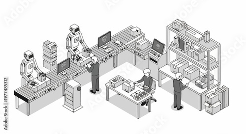 Isometric Smart Warehouse Illustration with Human Workers and AI Robots Collaborative Logistics and Automation Factory Line Art