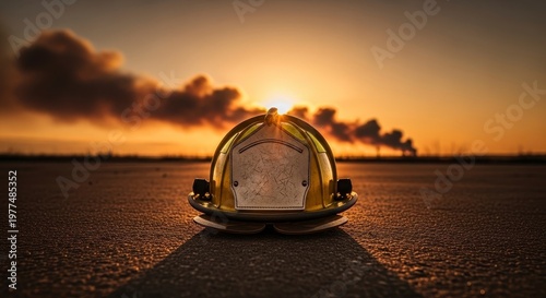 Firefighter helmet silhouetted against a dramatic sunset with industrial smoke plumes.