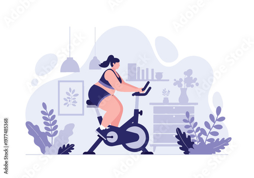 Flat style vector illustration of plus size woman riding stationary bike, inclusive fitness and healthy lifestyle concept with indoor workout routine and minimal modern background