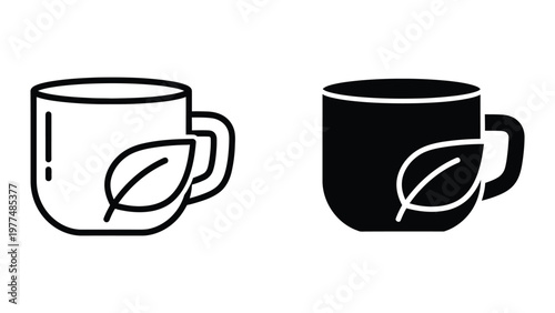 Contrast of a white and black tea mug with leaf designs indicating herbal tea preference