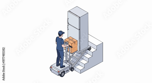Isometric Delivery Man Using Electric Stair Climbing Trolley to Move Refrigerator and Box up Stairs