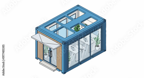 Isometric Illustration of a Modern Sustainable Shipping Container Office with Large Glass Walls and Interior Plants