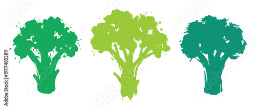 Three broccoli florets, green colors, abstract brush strokes, healthy vegetable vector illustration art