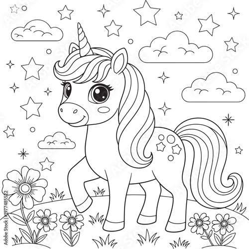 Adorable cartoon unicorn with a flowing mane standing in a field of flowers and stars, line