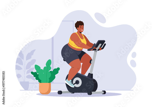 Flat style vector illustration of plus size woman riding stationary bike, inclusive fitness and healthy lifestyle concept with indoor workout routine and minimal modern background