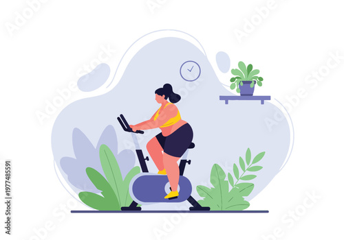 Flat style vector illustration of plus size woman riding stationary bike, inclusive fitness and healthy lifestyle concept with indoor workout routine and minimal modern background