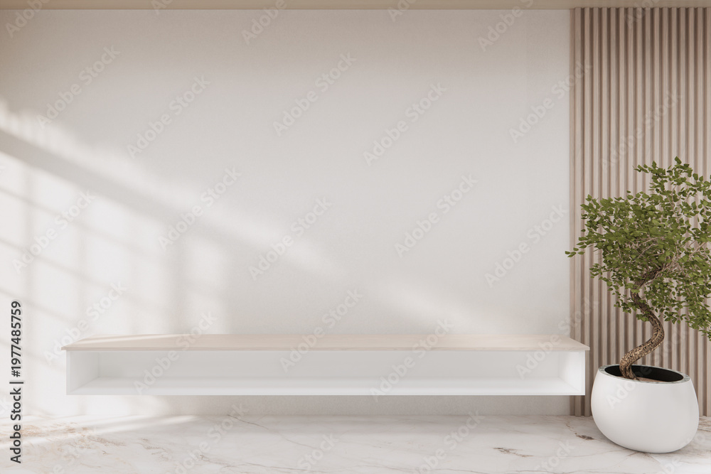 Fototapeta premium Shelf wall desigm on living room,Clean room wooden japanese minimalist room interior, 3D rendering