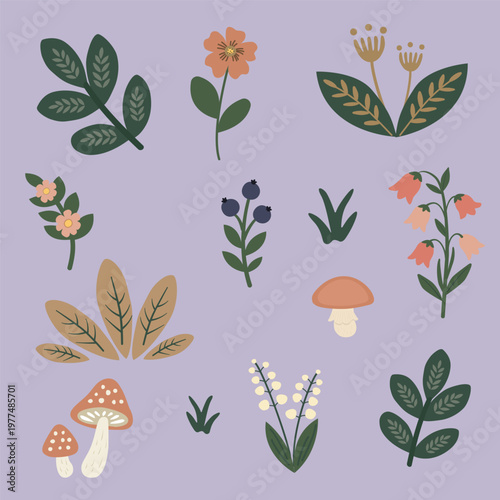 Modern folk woodland vector set with leaves, flowers, berries and mushroom in soft pastel palette. Scandinavian doodle style, cozy nature elements for prints, nursery decor, packaging and branding.